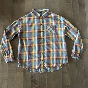 PrAna Womens Plaid Organic Button Down Cozy Outdoor Hiking Granola Girl Blue‎ L